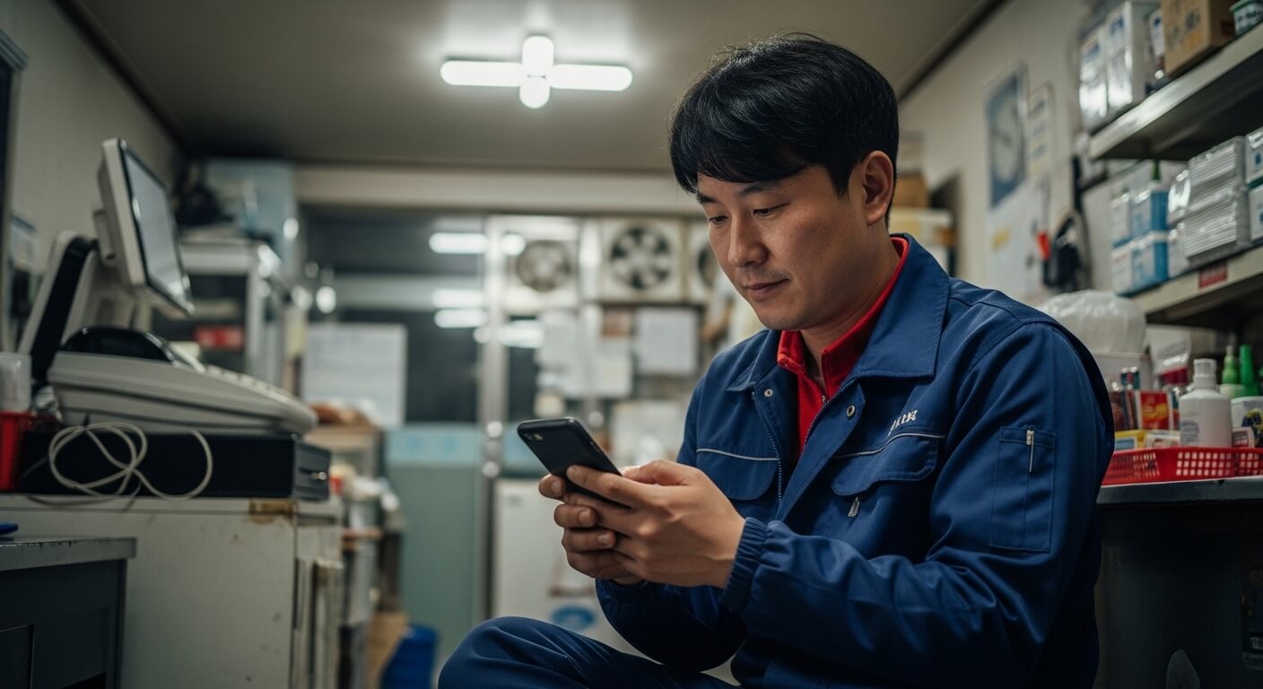 매장 내부에서 스마트폰을 확인하는 남성 모습