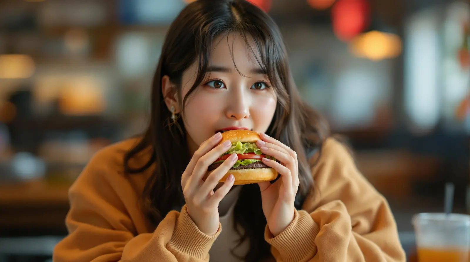 햄버거를 먹는 여성