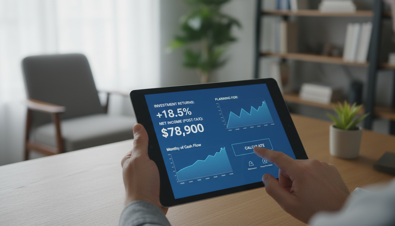 태블릿에서 투자 수익과 세금을 계산하는 사람의 손 클로즈업 이미지