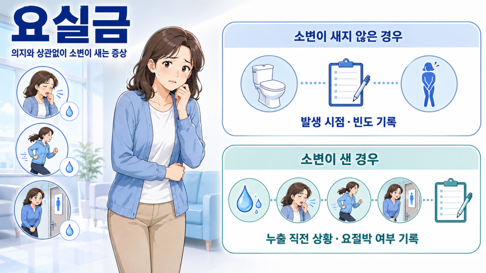 요실금의 의미와 소변이 새지 않은 경우&middot;샌 경우에 기록할 배뇨 증상 정보