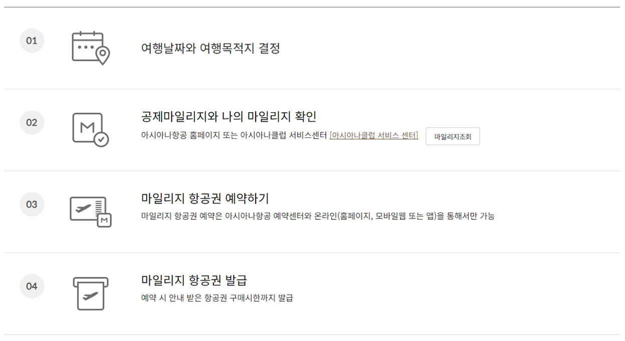 아시아나항공 마일리지 사용방법, 마일리지 항공권, 마일리지 기준표