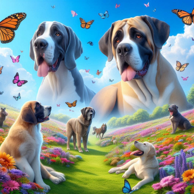 "화창한 꽃밭에서 여러 마리 강아지들이 뛰어놀고, 다양한 나비들이 함께 있는 장면입니다."