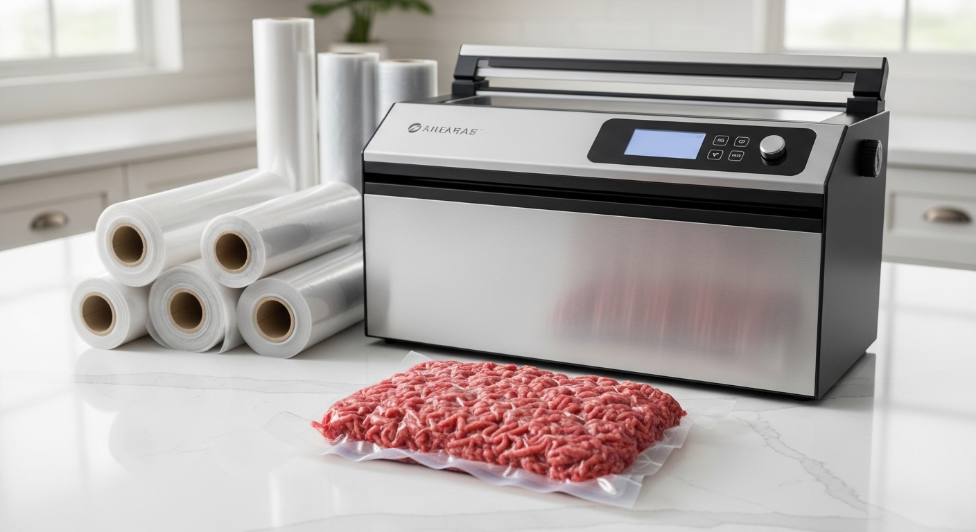 진공 포장기와 진공 밀봉된 소고기 다짐육