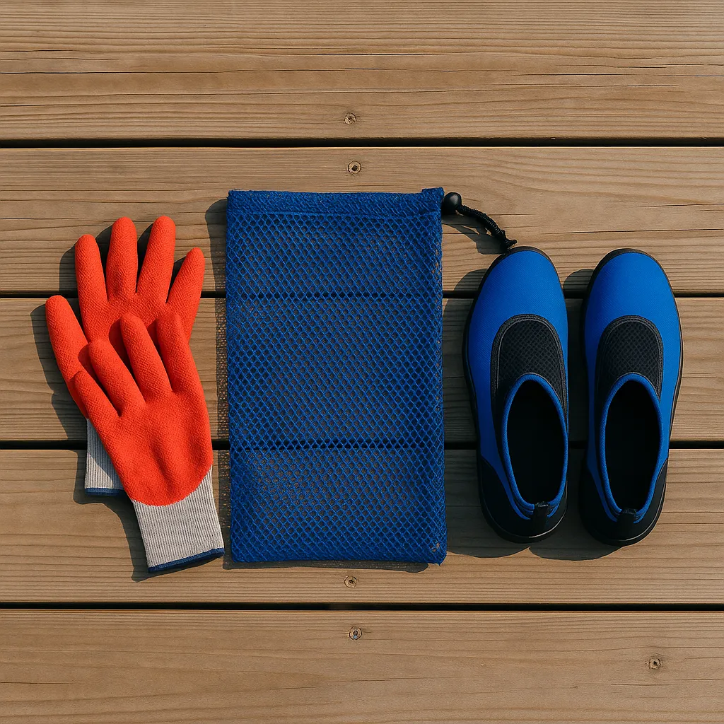 장갑과 망사백, 아쿠아슈즈가 놓인 해변 장비