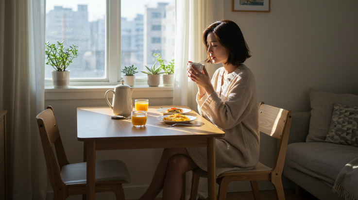 30대 초반 여성이 아침 식탁에 앉아 달걀, 토스트, 과일 같은 간단하고 건강한 아침 식사를 하는 장면