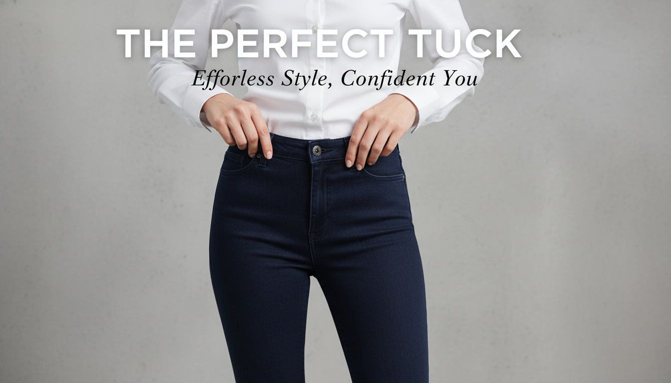 뱃살을 커버하는 하이웨이스트 체형 보정 스키니 진과 화이트 셔츠 코디 클로즈업