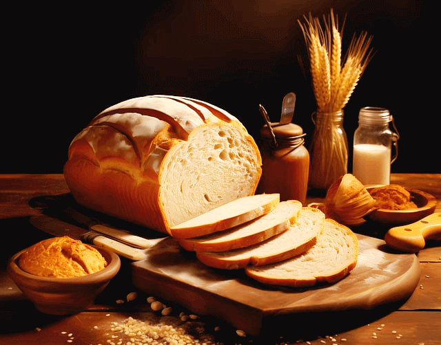 나무 도마 위에 아주 커다란 통밀방이 있고 4조각은 잘라져 있다.