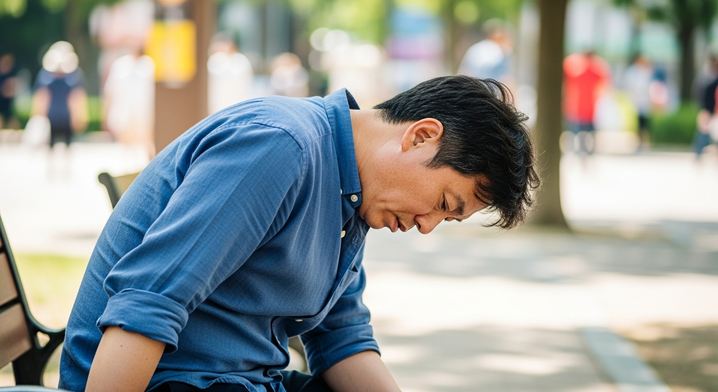 의식이 혼미한 듯 기대어 앉은 사람