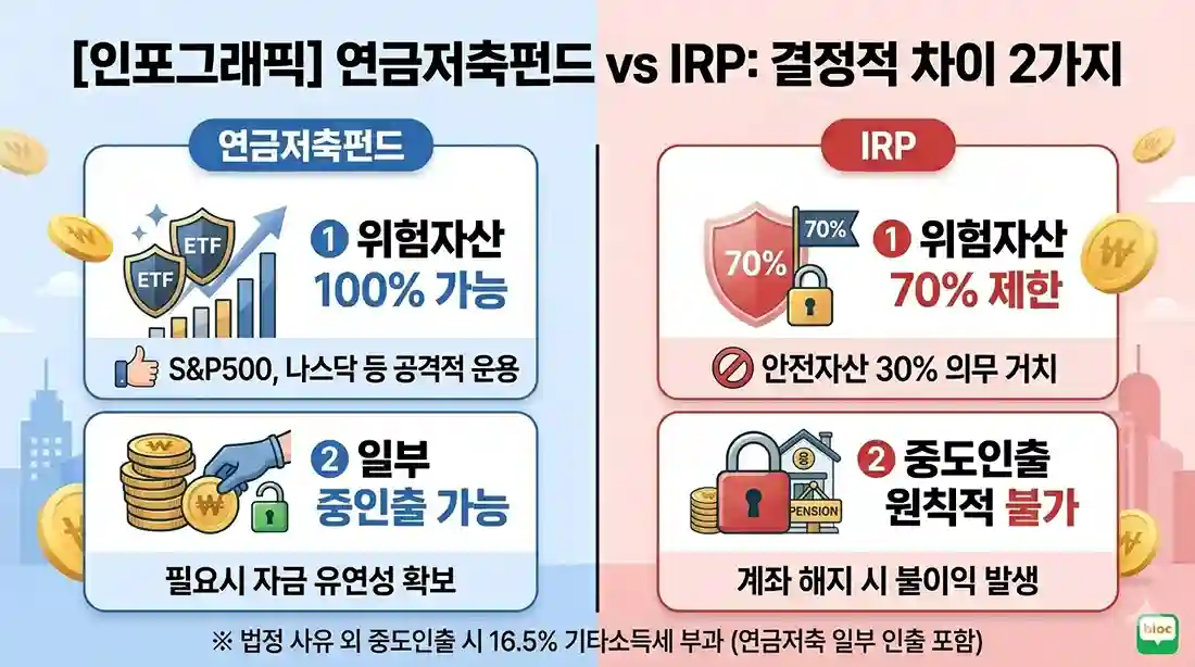 ✍️ 추천 대체텍스트 (Alt Text)
연금저축펀드의 위험자산 100% 가능 및 일부 중도인출 가능 장점과 IRP의 위험자산 70% 제한 및 중도인출 원칙적 불가 규정을 아이콘과 함께 비교하여 보여주는 연금저축펀드 vs IRP 결정적 차이 2가지 인포그래픽 이미지