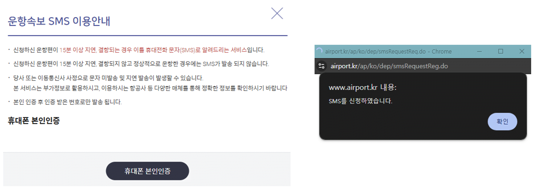 항공편 운항 속보 본인 인증
