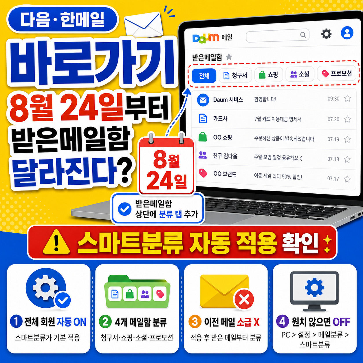 다음 한메일 바로가기, 8월 24일부터 받은메일함 달라진다? 스마트분류 자동 적용 확인