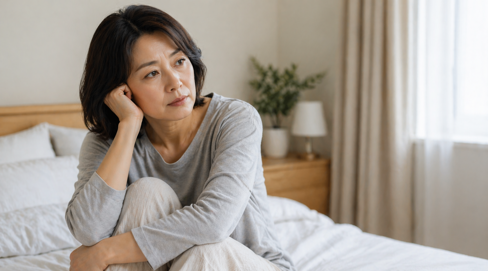 잠이 오지 않아 고민하는 40대 여성의 수면 문제 자가진단 이미지