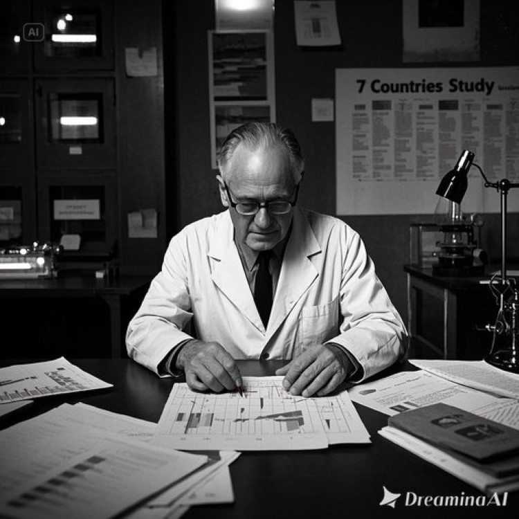 1950년대 분위기의 연구실에서 안셀 키스를 연상시키는 중년 남성 과학자가 그래프와 데이터를 조작하고 있는 모습. 책상 위에는 여러 국가의 데이터가 적힌 서류들이 흩어져 있고, 일부는 빨간 펜으로 제외 표시가 되어 있음. 배경에는 "7 Countries Study"라고 적힌 차트가 보이며, 전체적으로 과학의 정치화와 데이터 조작을 암시하는 어두운 톤의 이미지.