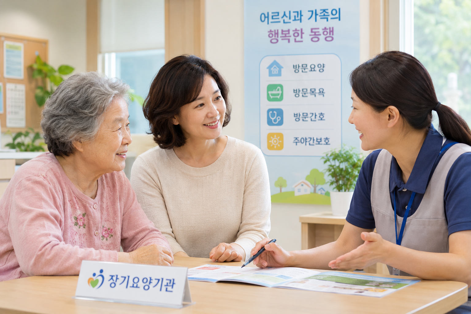 장기요양기관에서 보호자와 어르신이 상담을 받으며 기관 선택에 대해 안내받는 모습