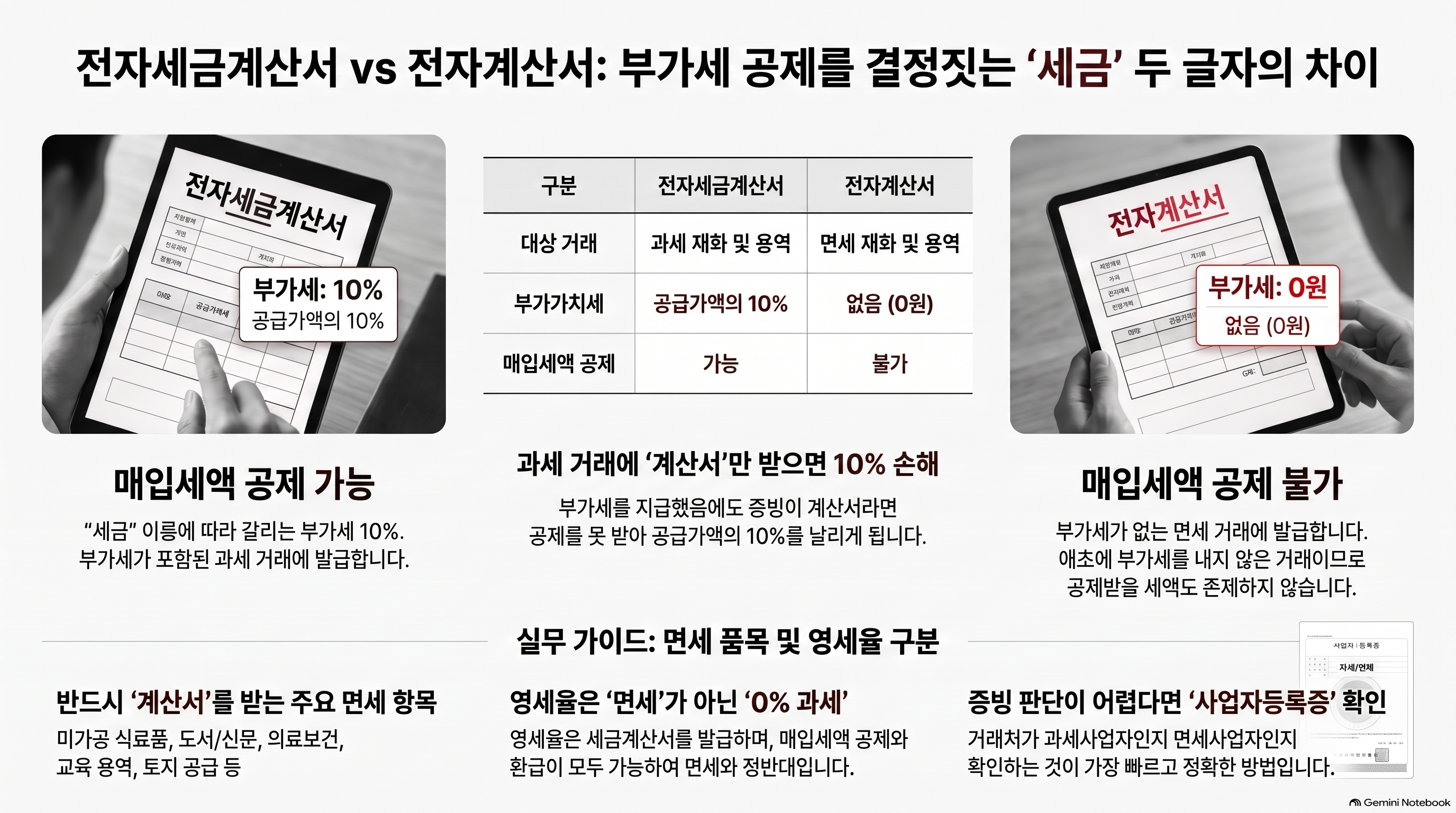 전자세금계산서와 전자계산서의 부가세 유무 및 매입세액 공제 차이 비교표