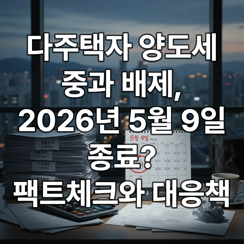 2026년 5월 9일이 빨간색으로 표시된 달력과 부동산 세금 서류, 계산기가 놓인 책상. 배경에는 서울 아파트 단지가 흐릿하게 보이며 다주택자 양도세 중과 배제 종료 임박을 암시함.