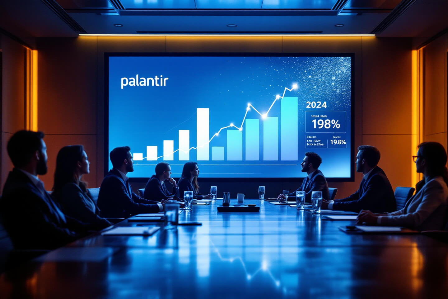 Palantir(팔란티어)의 2024년 성과를 그래프로 보여주는 회의실 장면. 팀원들이 성장률이 나타난 차트를 주의 깊게 보고 있음