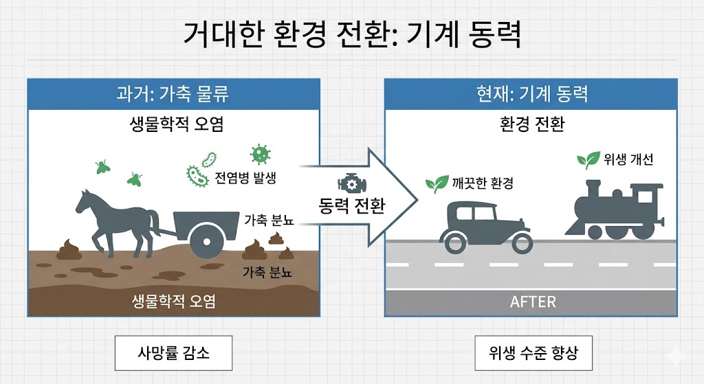 가축 물류 시대의 불결한 거리와 기계 동력 도입 이후의 깨끗한 도시 환경을 대비하여 보여주는 인포그래픽입니다. 왼쪽에는 말과 배설물이 가득한 흙길을 통해 생물학적 오염을 묘사했고, 오른쪽은 포장도로 위를 달리는 자동차와 기차를 통해 향상된 위생 수준을 직관적으로 표현했습니다.