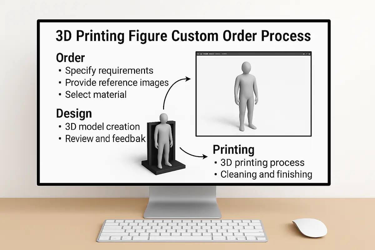 3D프린팅 피규어 맞춤 주문 프로세스 가이드가 정리된 컴퓨터 화면, 인물 없이 정보가 표시된 장면