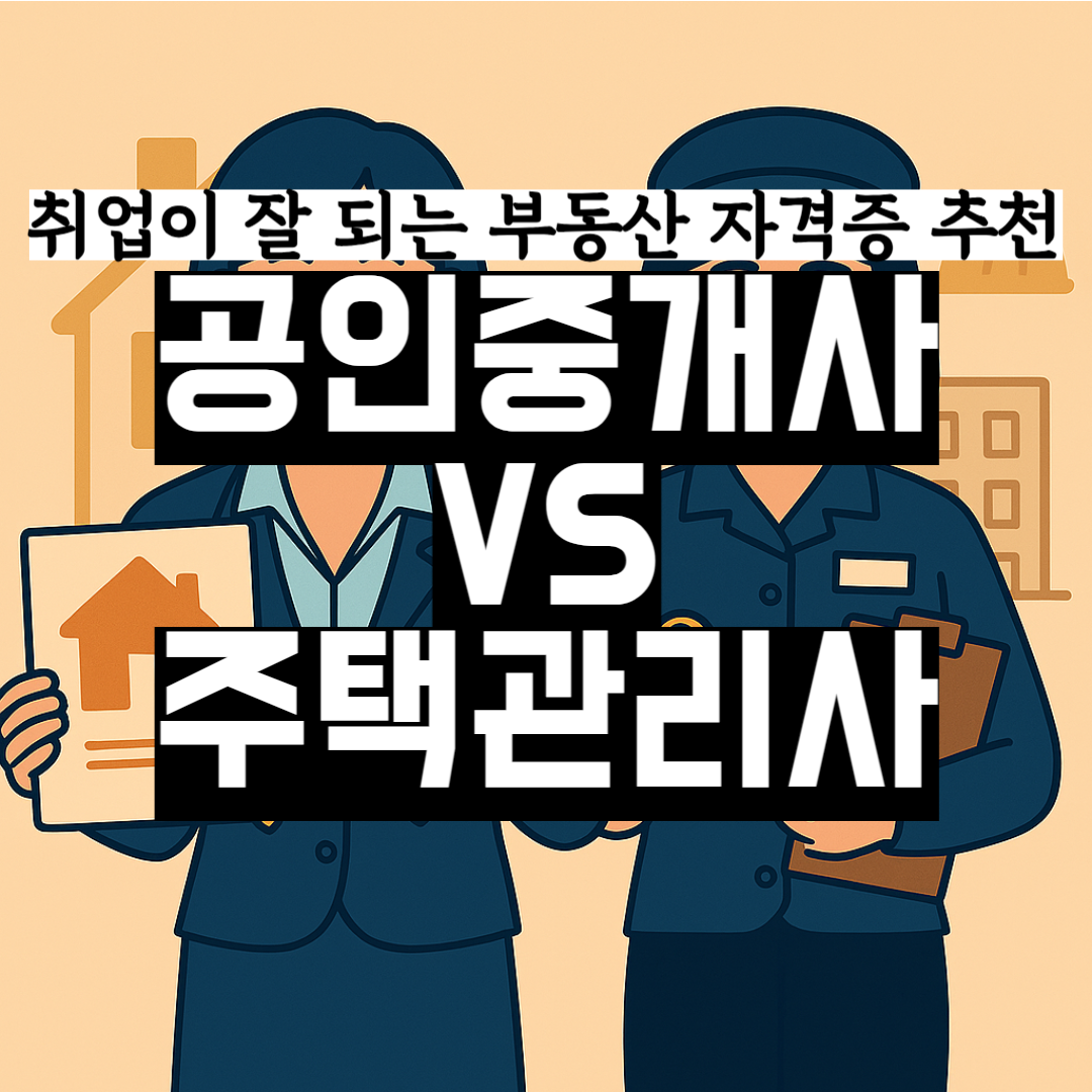 정사각형 벡터 일러스트: 연한 베이지 배경 위에 중앙에 “취업이 잘 되는 부동산 자격증 추천”이라는 흰색 배너와 굵은 글씨 “공인중개사 vs 주택관리사”가 오버레이 되어 있고, 왼쪽에는 집 그림이 있는 자격증과 열쇠를 든 정장 차림의 공인중개사, 오른쪽에는 클립보드와 열쇠를 든 유니폼 차림의 주택관리사가 나란히 서 있는 모습입니다.