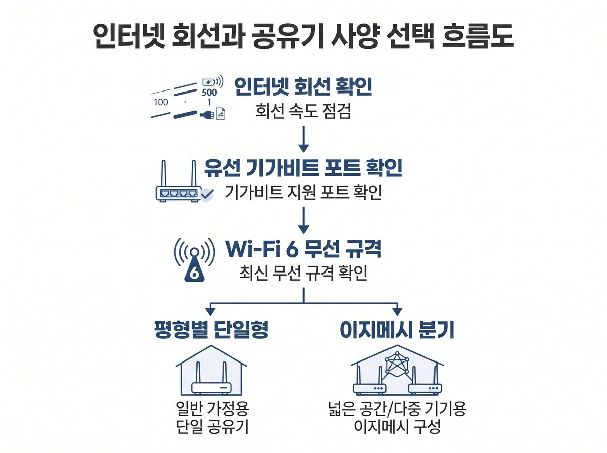인터넷 회선과 공유기 사양 선택 흐름도: 100메가/500메가/1기가 회선 확인 - 유선 기가비트 포트 확인 - Wi-Fi 6 무선 규격 - 평