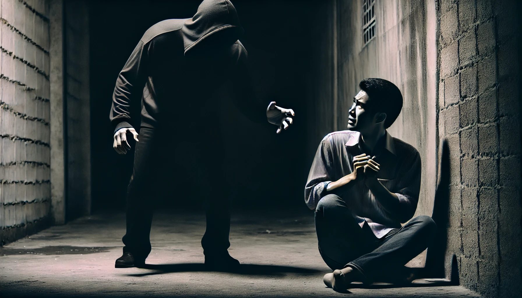 어두운 골목에서 사채업자로 보이는 그림자가 절박한 사람을 위협하는 장면