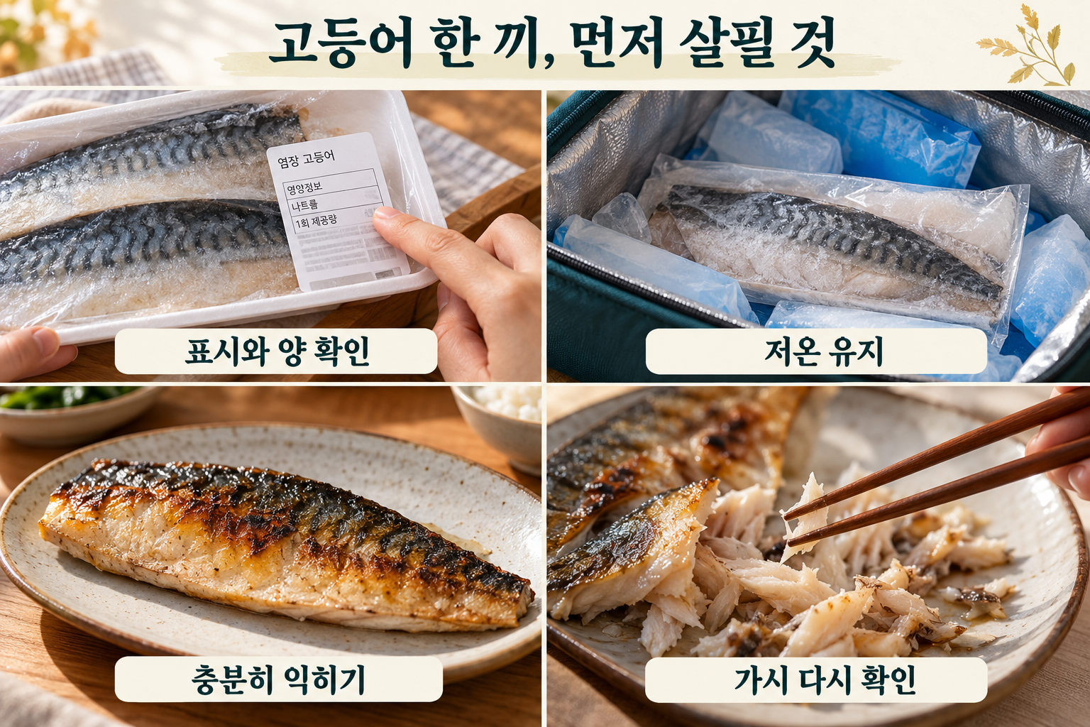 포장 표시&middot;저온 운반&middot;충분한 가열&middot;가시 확인을 보여주는 네 실사 장면.
