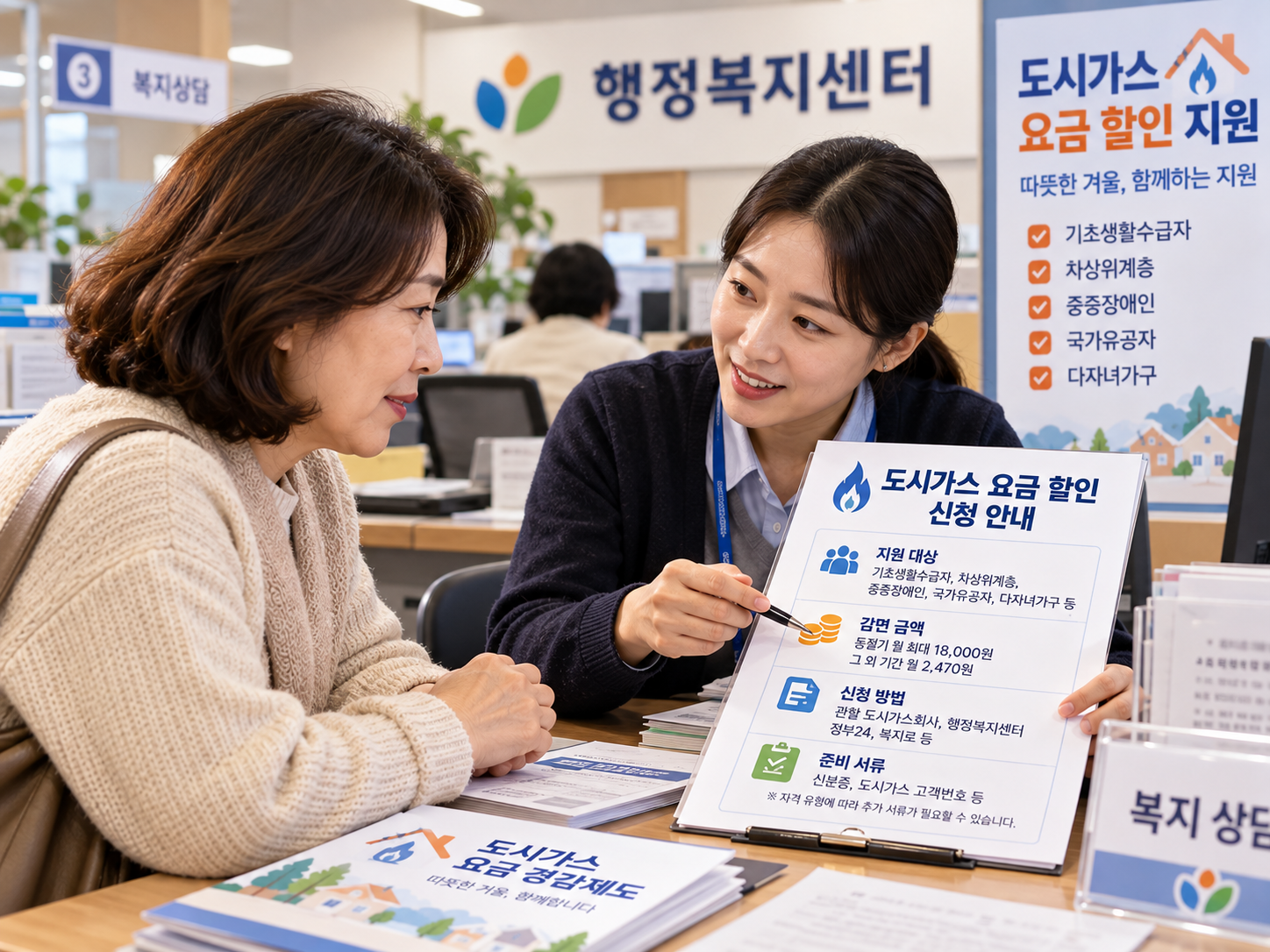행정복지센터에서 도시가스 요금 할인 신청을 상담하는 중년 여성