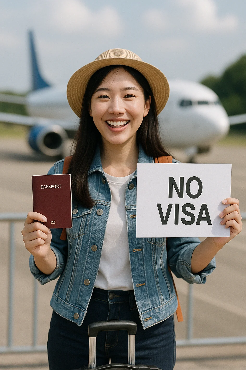 여자가 여권과 무비자 포스터 들고 있는 사진