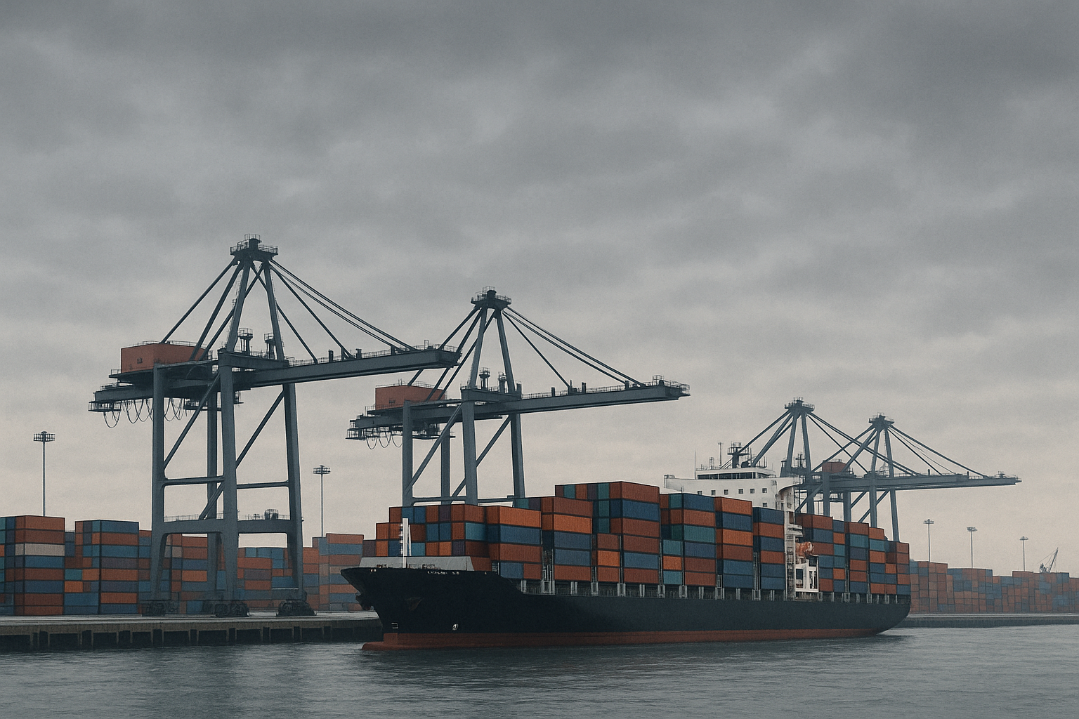 관세협상 지연으로 정체된 무역항과 컨테이너