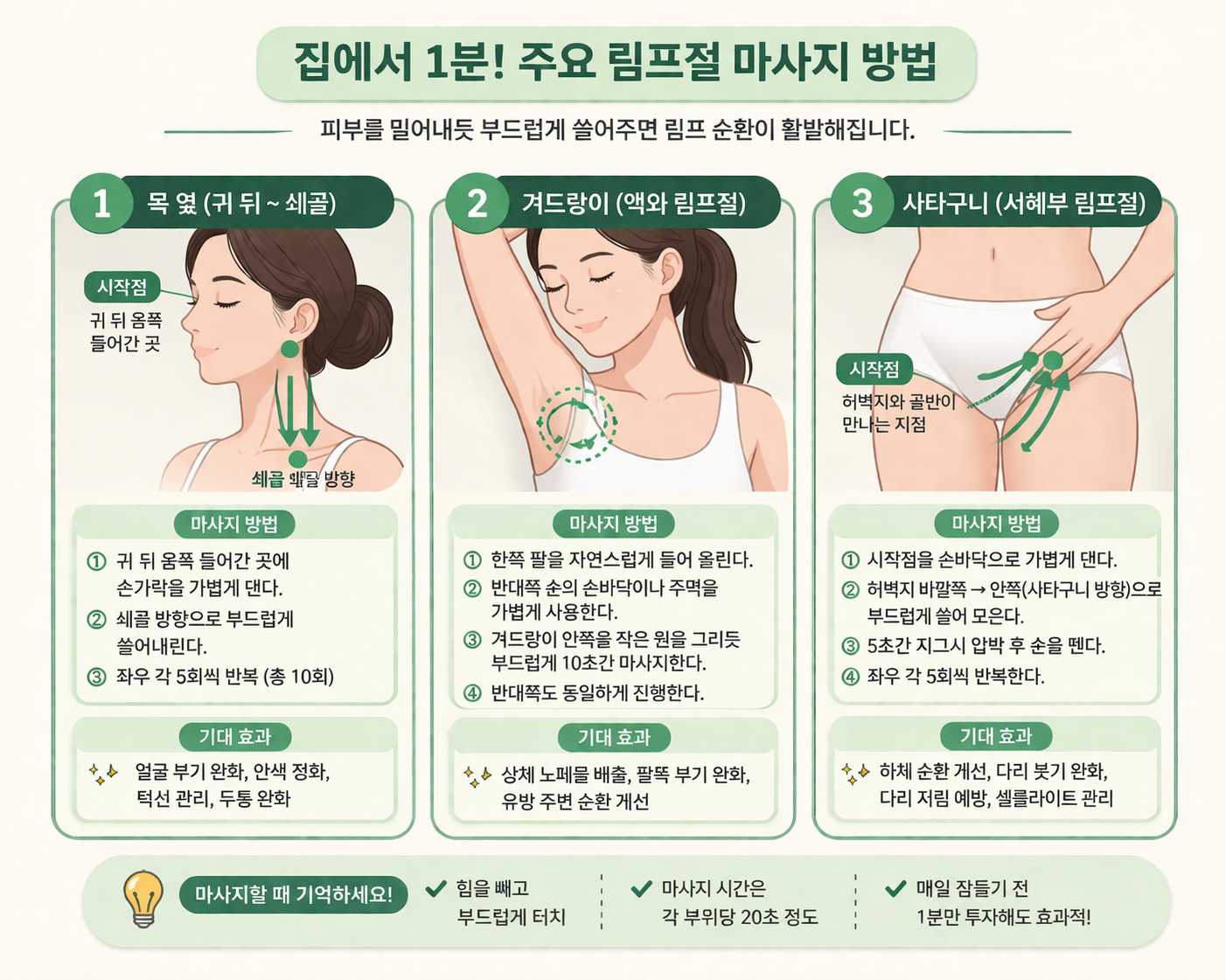 집에서 1분 주요 림프절 마사지 방법 인포그래픽