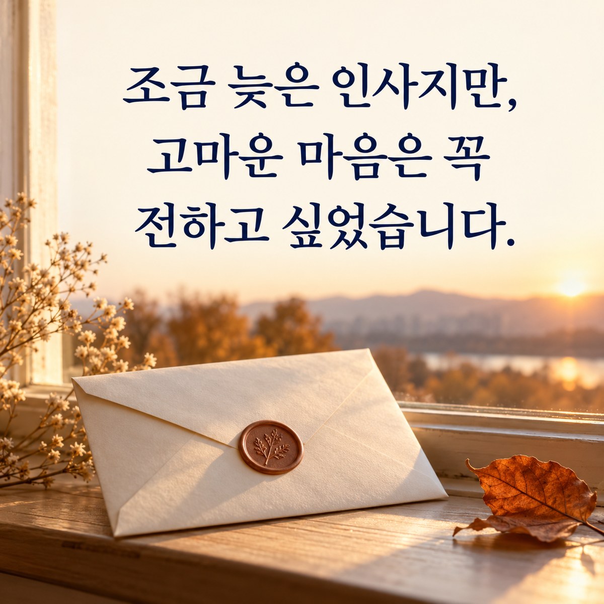 추수감사절 카톡 인사말 늦은인사 카드 &mdash; 가을 석양이 비친 창가와 봉인한 편지