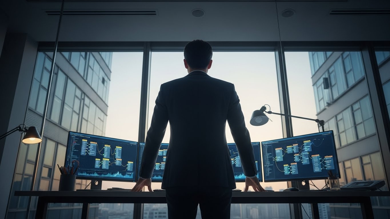 새벽 시간, AI 에이전트 시스템을 지휘하며 2026년 비즈니스 제국을 설계하는 한국인 리더의 모습