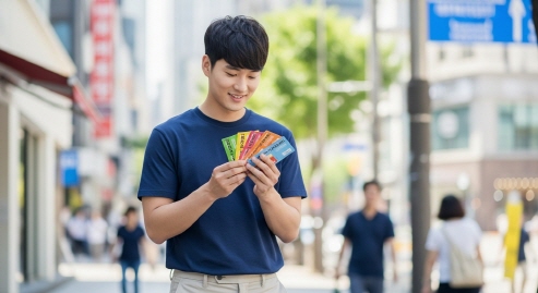 밝은 표정으로 할인쿠폰을 확인하는 한국인