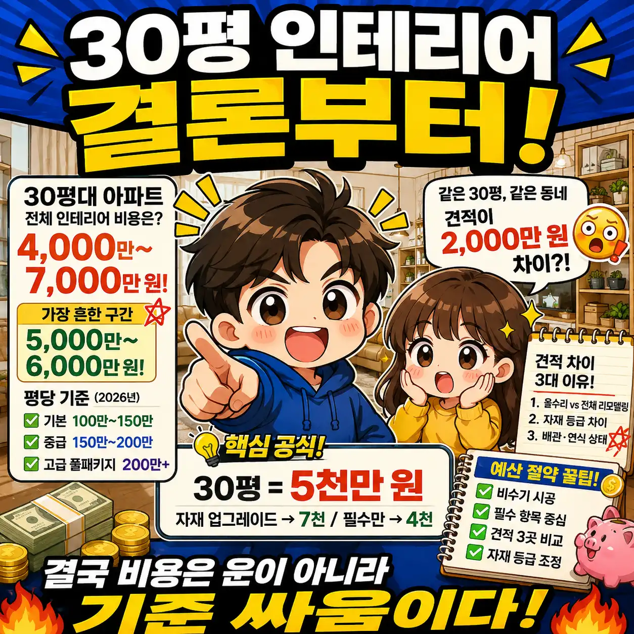 30평대 아파트 인테리어 비용을 보고 멘붕 온 집주인이 4천만 원과 7천만 원 견적서를 들고 충격받는 치비 스타일 밈 이미지, 2026년 30평 인테리어 평균 비용과 견적 차이를 유쾌하게 표현한 반응짤