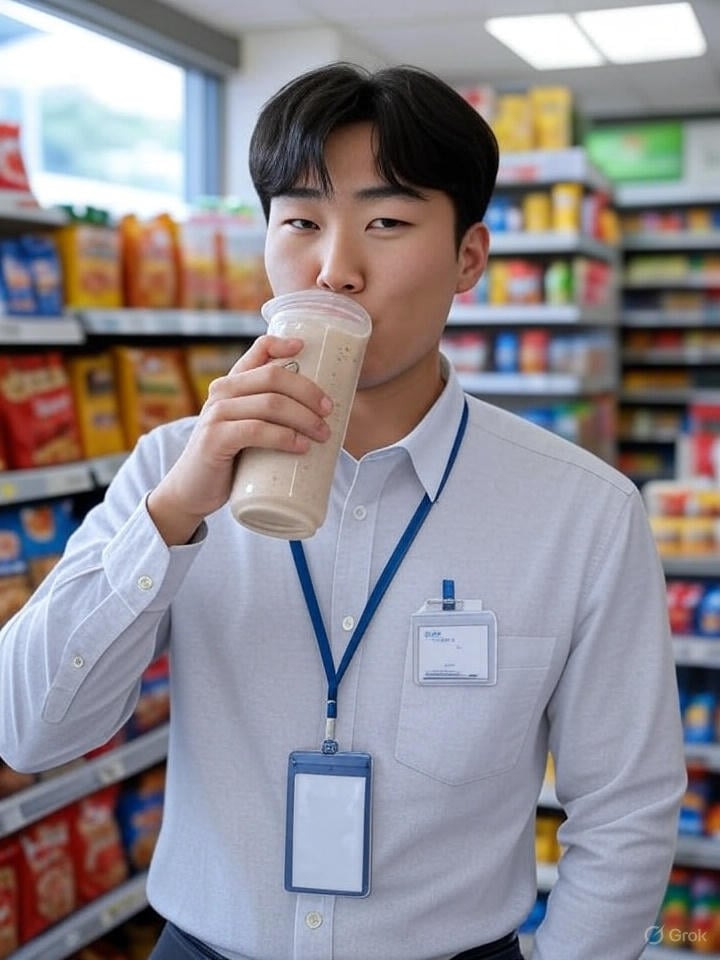 단백질쉐이크를 마시는 젊은 직장인