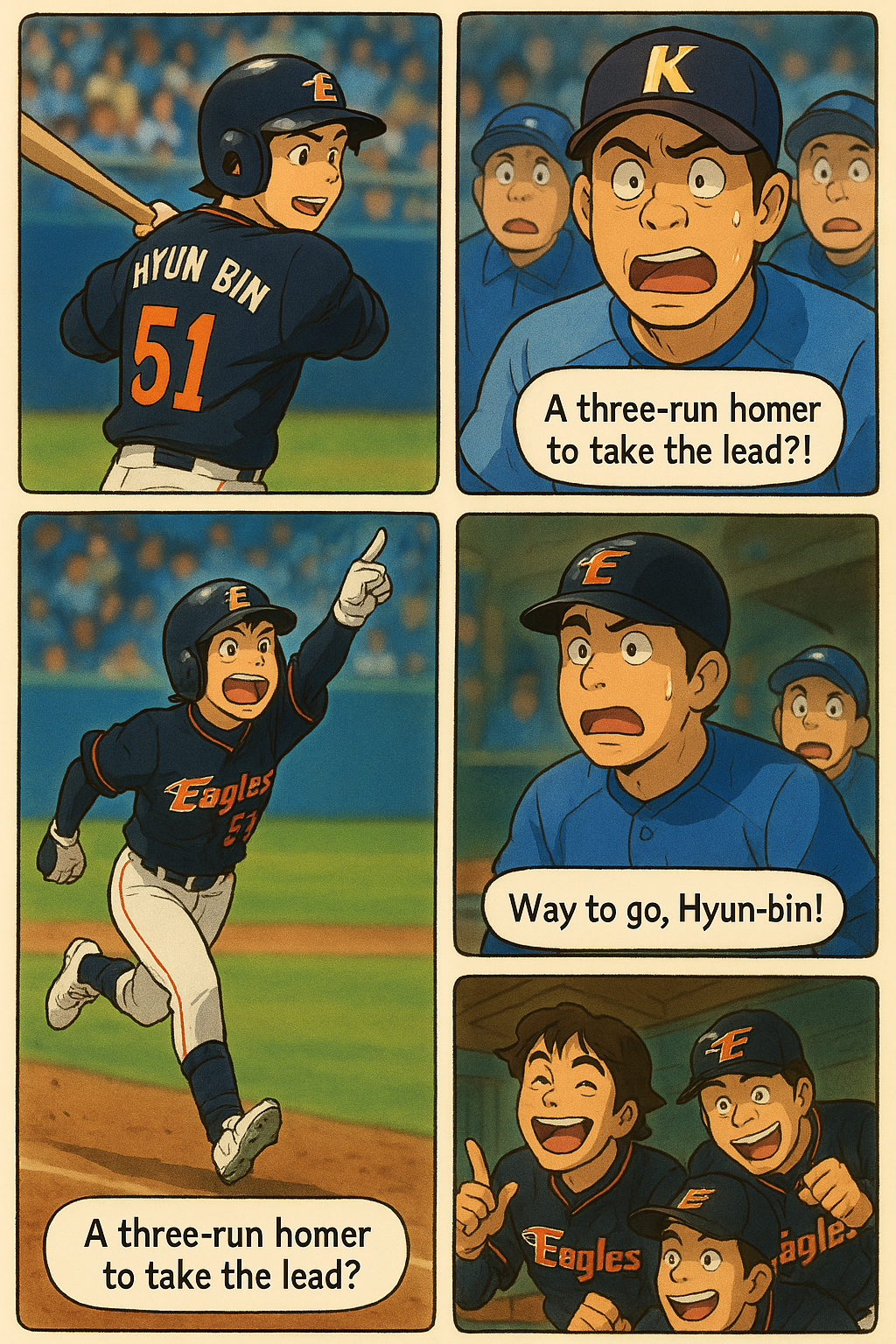 4컷 만화에 재미있는 말풍선 대사를 추가해서 다시 생성해줘. 지브리 스타일 그대로, 감동+유머 있게!