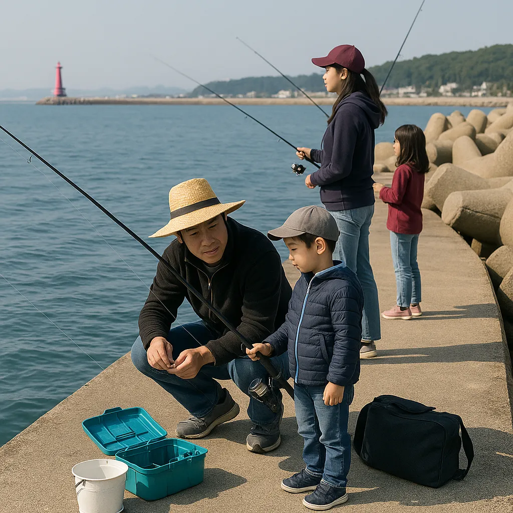 강화도 항구 방파제에서 가족이 함께 낚시를 즐기는 모습