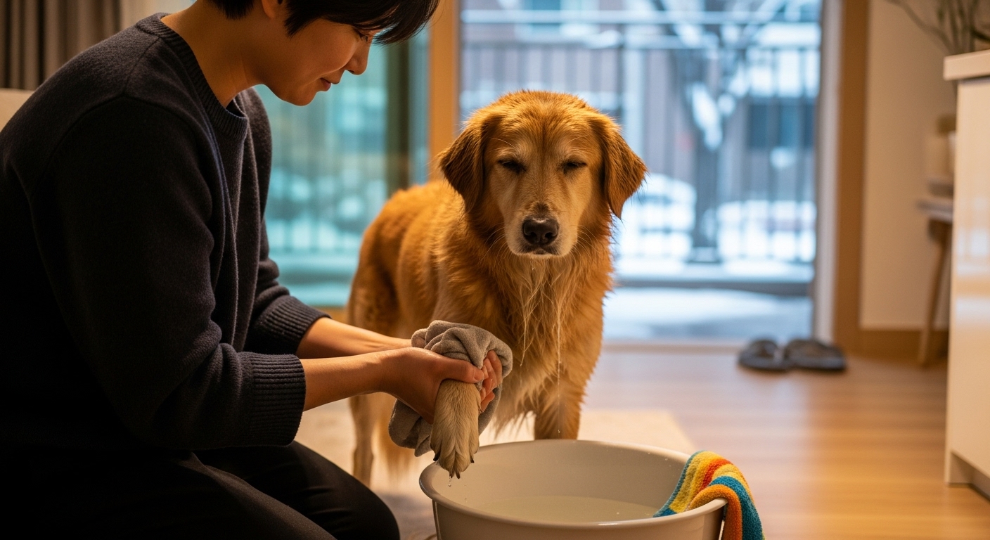 겨울 산책 후 한국인 보호자가 반려견의 발을 미지근한 물로 깨끗이 씻겨주는 모습