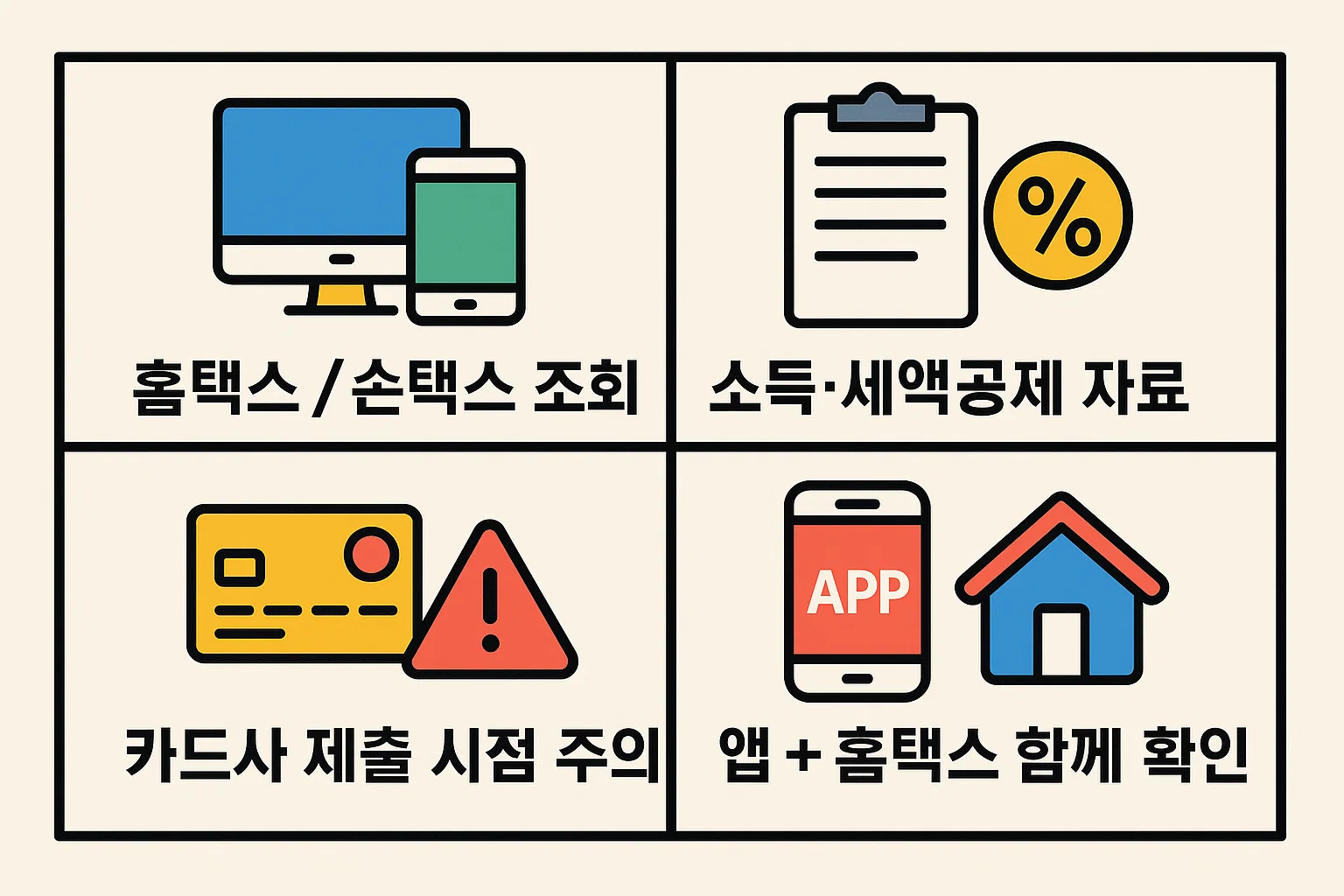 홈택스&middot;손택스에서 신용카드 소득공제 확인서를 조회하고, 카드사 제출 시점 및 소득&middot;세액공제 자료 확인 방법을 정리한 인포그래픽. 연말정산 전 서류 누락 방지를 위한 실전 안내 이미지입니다.