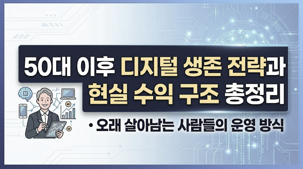 차분한 블루톤의 깔끔하고 심플한 디지털 배경 위에 텍스트가 강조된 블로그 대표 썸네일 이미지. 
왼쪽 하단에는 정장을 입은 중장년 남성이 태블릿을 들고 미소 짓는 일러스트와 그 주변으로 AI, 스마트폰, 노트북, 상승하는 그래프 아이콘이 배치되어 있습니다. 

중앙에는 어두운 회색 상자 안에 흰색 대형 글씨로 
"50대 이후 디지털 생존 전략과 현실 수익 구조 총정리"라는 메인 제목이 적혀 있으며, 
그 아래에 "&bull; 오래 살아남는 사람들의 운영 방식"이라는 부제목이 뚜렷하게 표기되어 있습니다.
