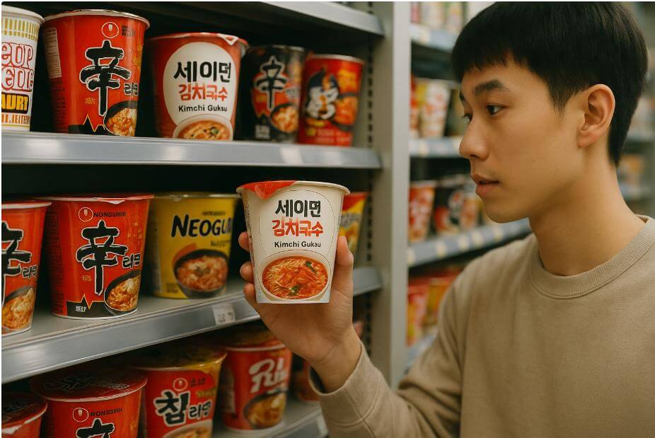 인지도는 낮지만 품질로 승부하는 세이면 컵라면의 진열 모습