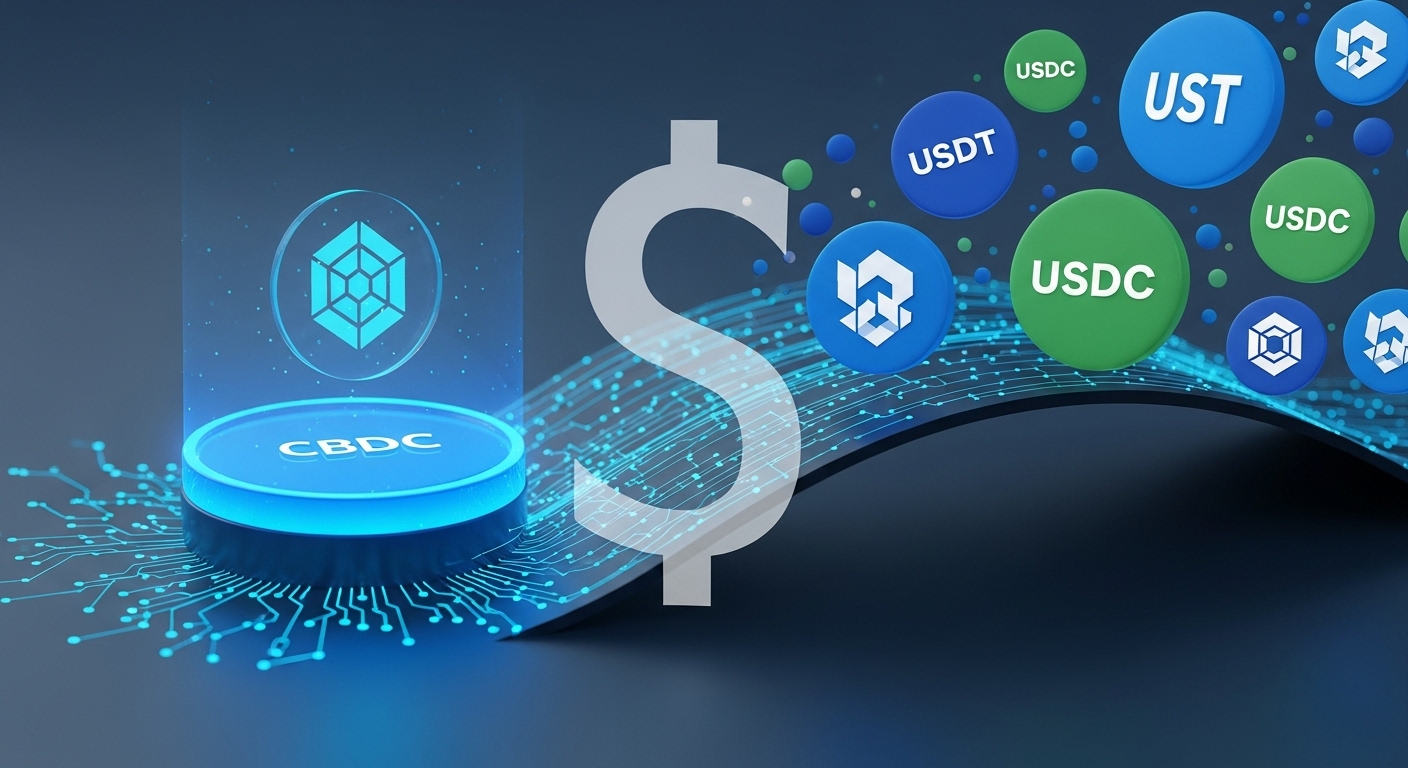 미국 디지털 달러(CBDC)와 달러 스테이블 코인(USDT, USDC)이 조화롭게 공존하는 미래 금융 생태계. 안정적인 CBDC와 혁신적인 스테이블 코인이 서로 연결되어 디지털 경제를 발전시키는 모습.
