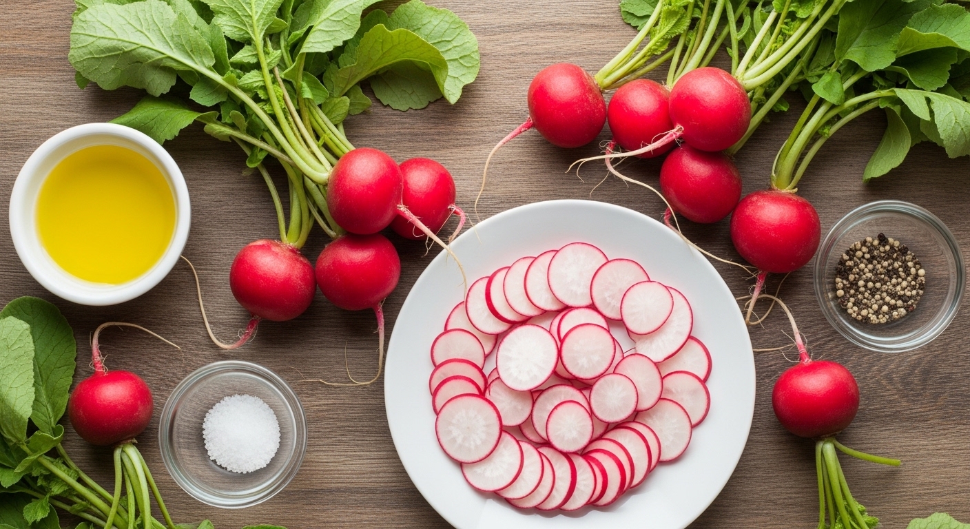 신선하고 선명한 붉은색 래디쉬들이 놓여있고, 일부는 얇게 썰려 있으며 올리브오일, 소금, 후추 등의 소스 재료가 함께 배열된 건강한 느낌의 식탁 이미지. 래디쉬 효능, 부작용, 먹는법 관련 블로그 포스트의 대표 이미지.