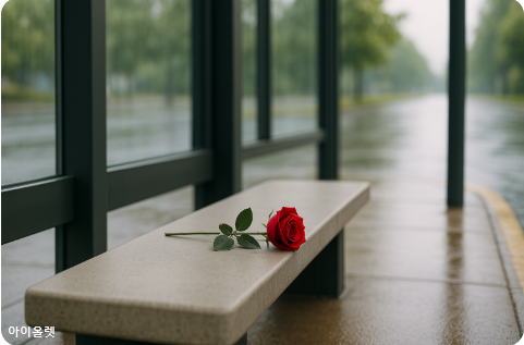 그 자리에선 작은 장미꽃 한 송이만, 고요히 놓여 있었다.