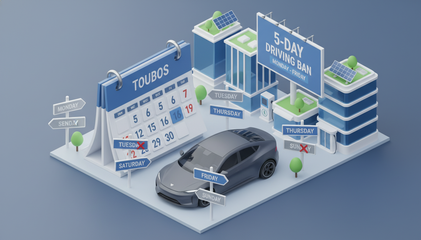 차량 5부제 캘린더와 친환경 자동차가 그려진 블루-그레이 톤의 3D 일러스트