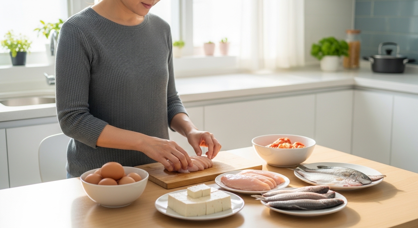 단백질이-풍부한-식단을-준비하는-한국인-40대-여성-계란-닭가슴살-두부-생선이-정갈하게-놓인-주방