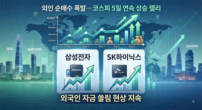 외인 순매수로 5일 연속 상승한 코스피 그래프와 삼성전자&middot;SK하이닉스 주가 상승 이미지.