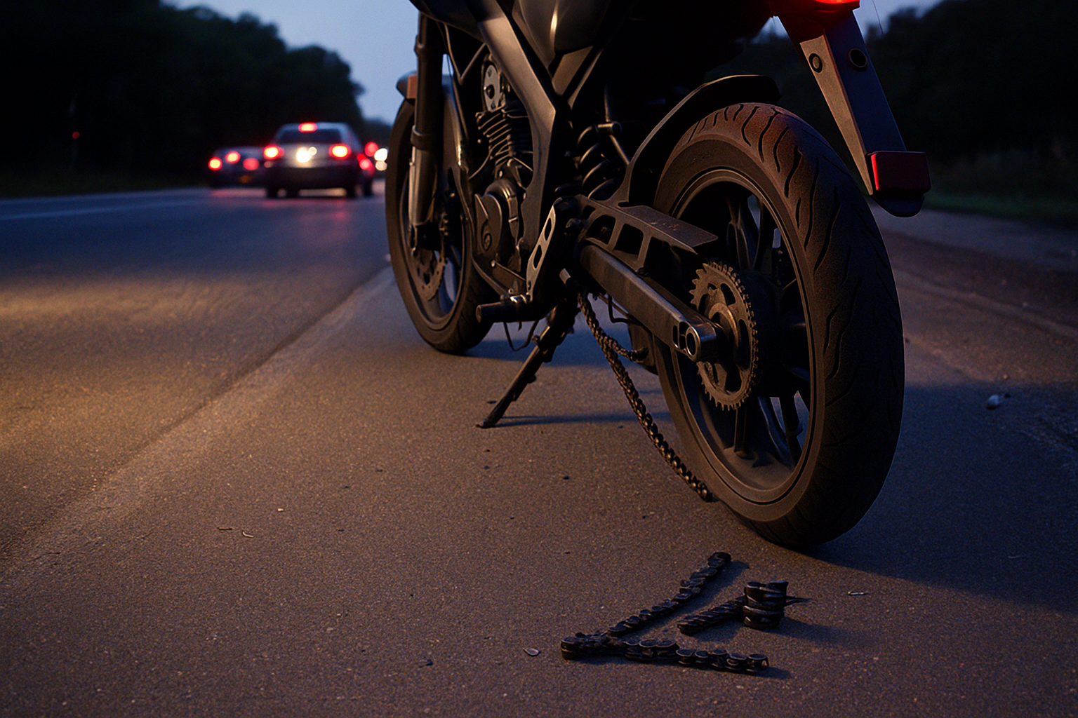 체인이 풀린 오토바이