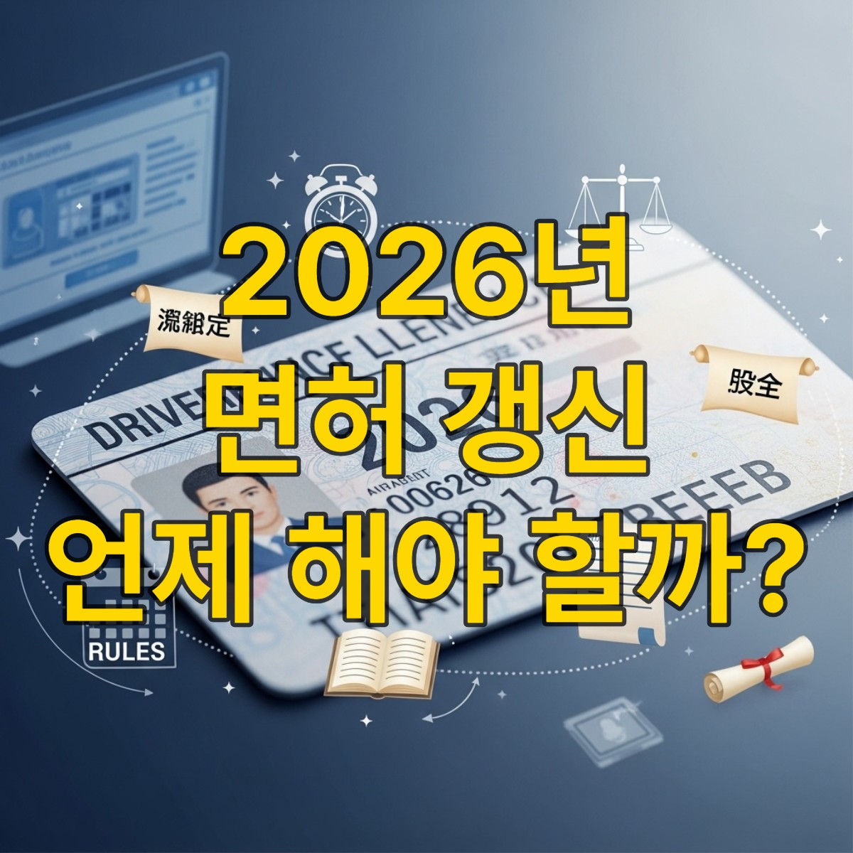 2026년 운전면허증과 시간, 법규를 상징하는 요소들이 어우러진 이미지로, 운전면허 갱신의 중요성과 기간 준수를 나타냅니다.